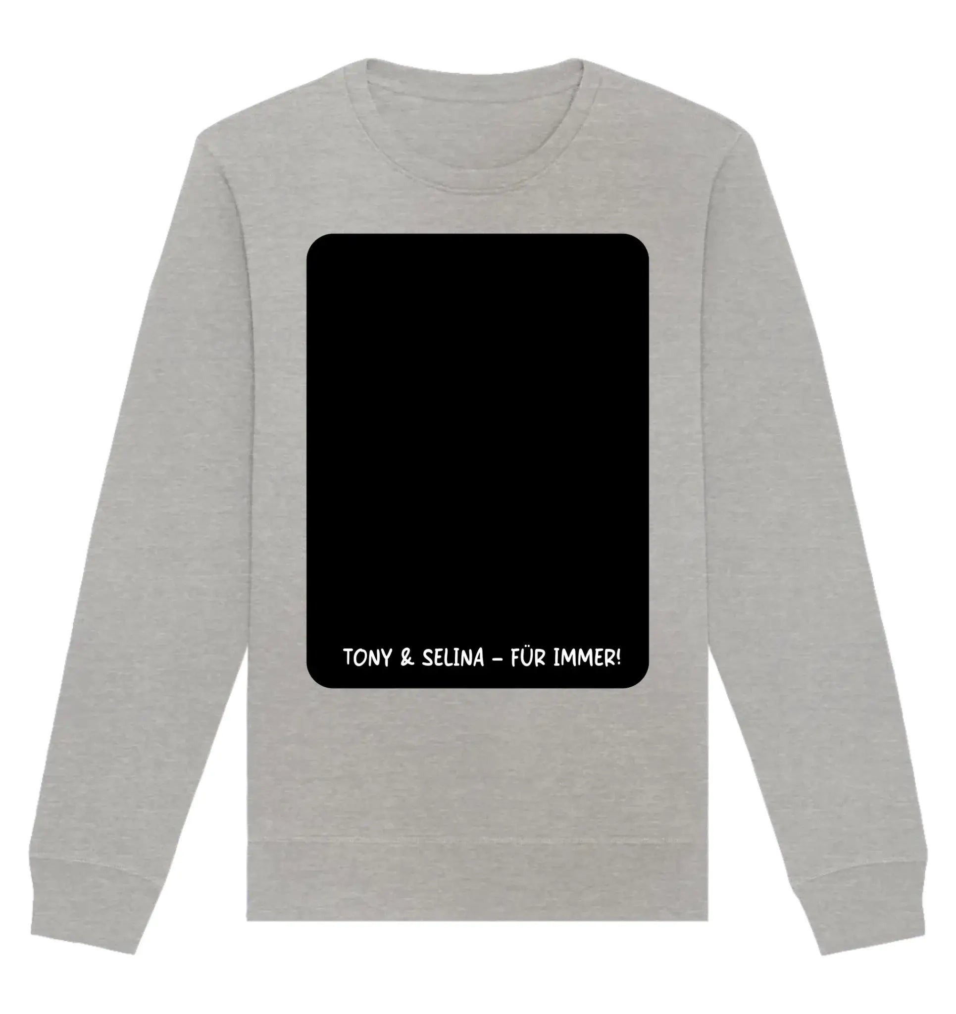 Lightgraues langarm sweatshirt mit schwarzem patch und weißem text tony & selina für immer aus der statement collection
