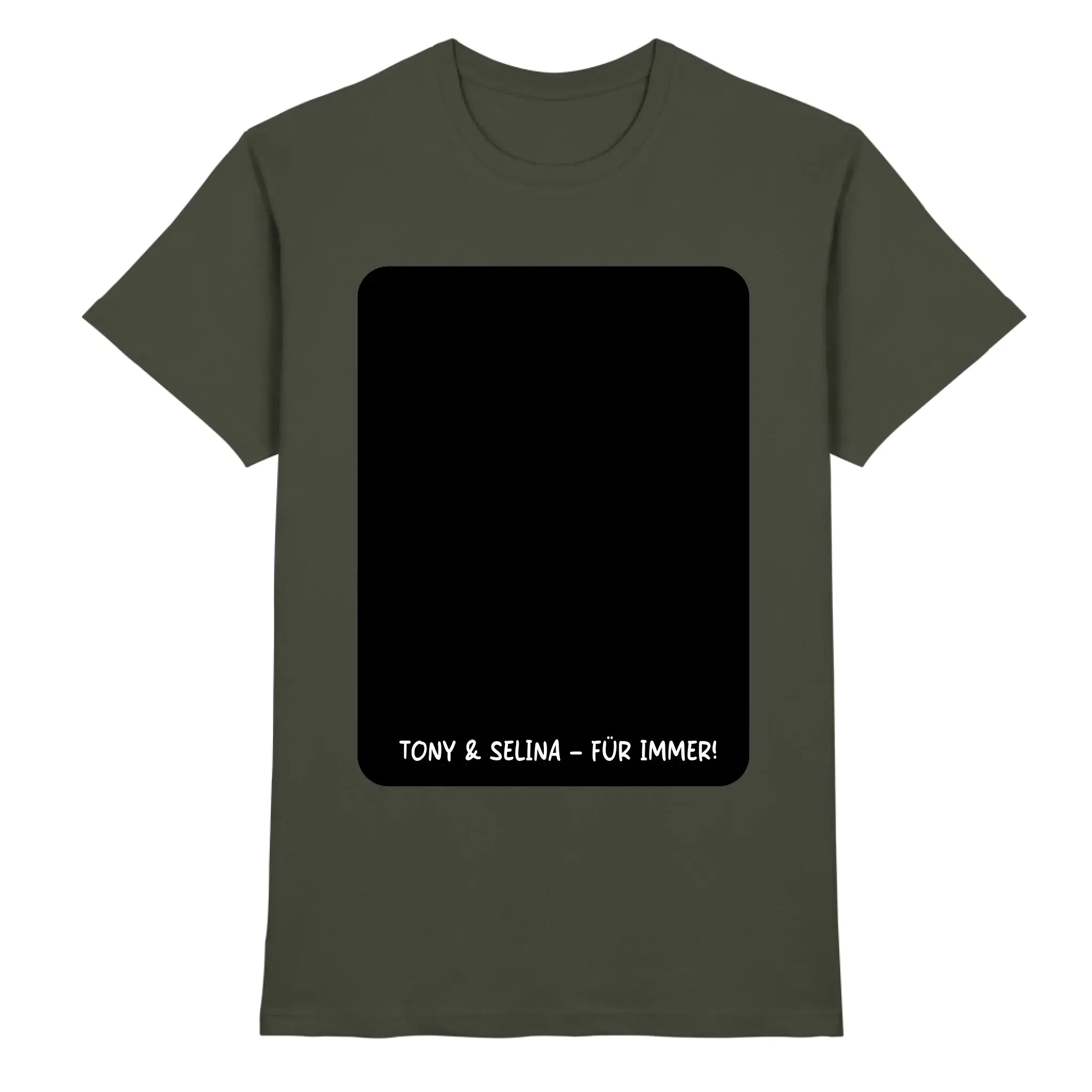 Olivegrünes baumwoll-tshirt mit schwarzem rechteckigem print und weißem text tony & selina für immer aus statement-collection