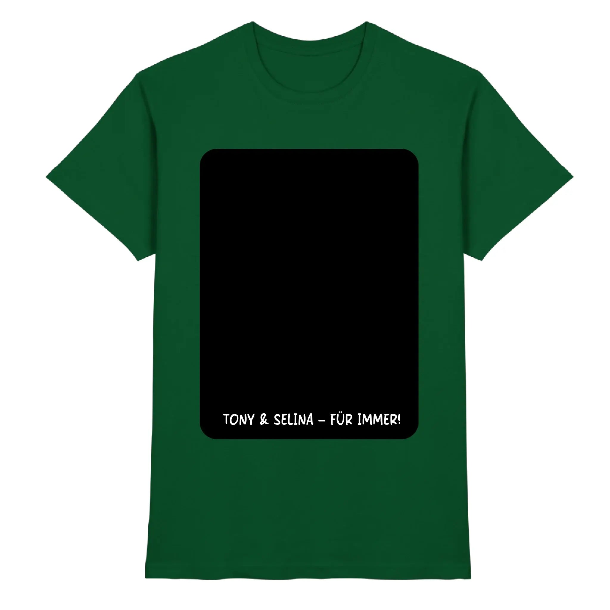 Dunkelgrünes baumwoll t-shirt mit schwarzem rechteckigem grafik und weißem text tony & selina für immer aus statement collection