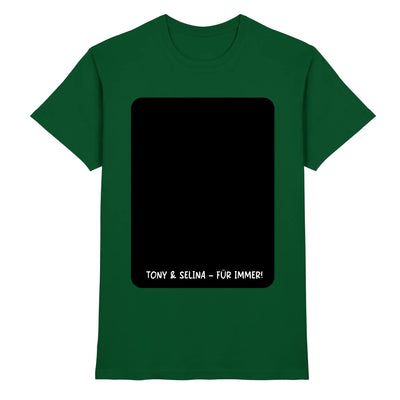 Dunkelgrünes baumwoll t-shirt mit schwarzem rechteckigem grafik und weißem text tony & selina für immer aus statement collection
