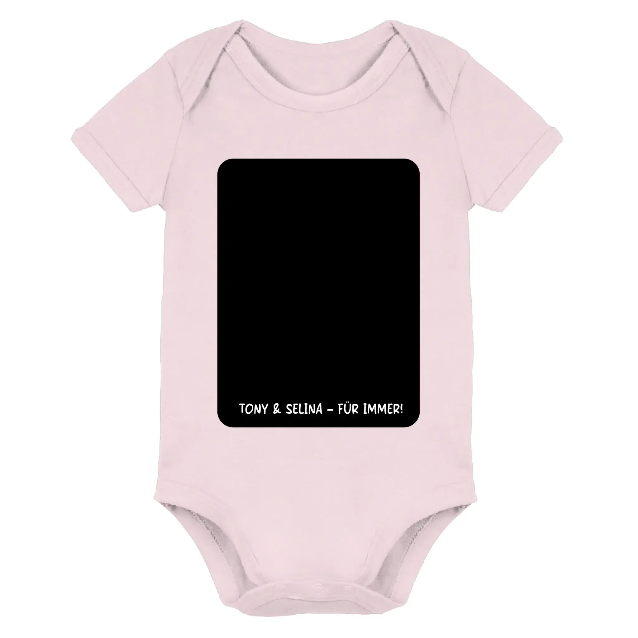 Pale pink baby onesie with black rectangular panel and white text tony & selina für immer aus der statement collection