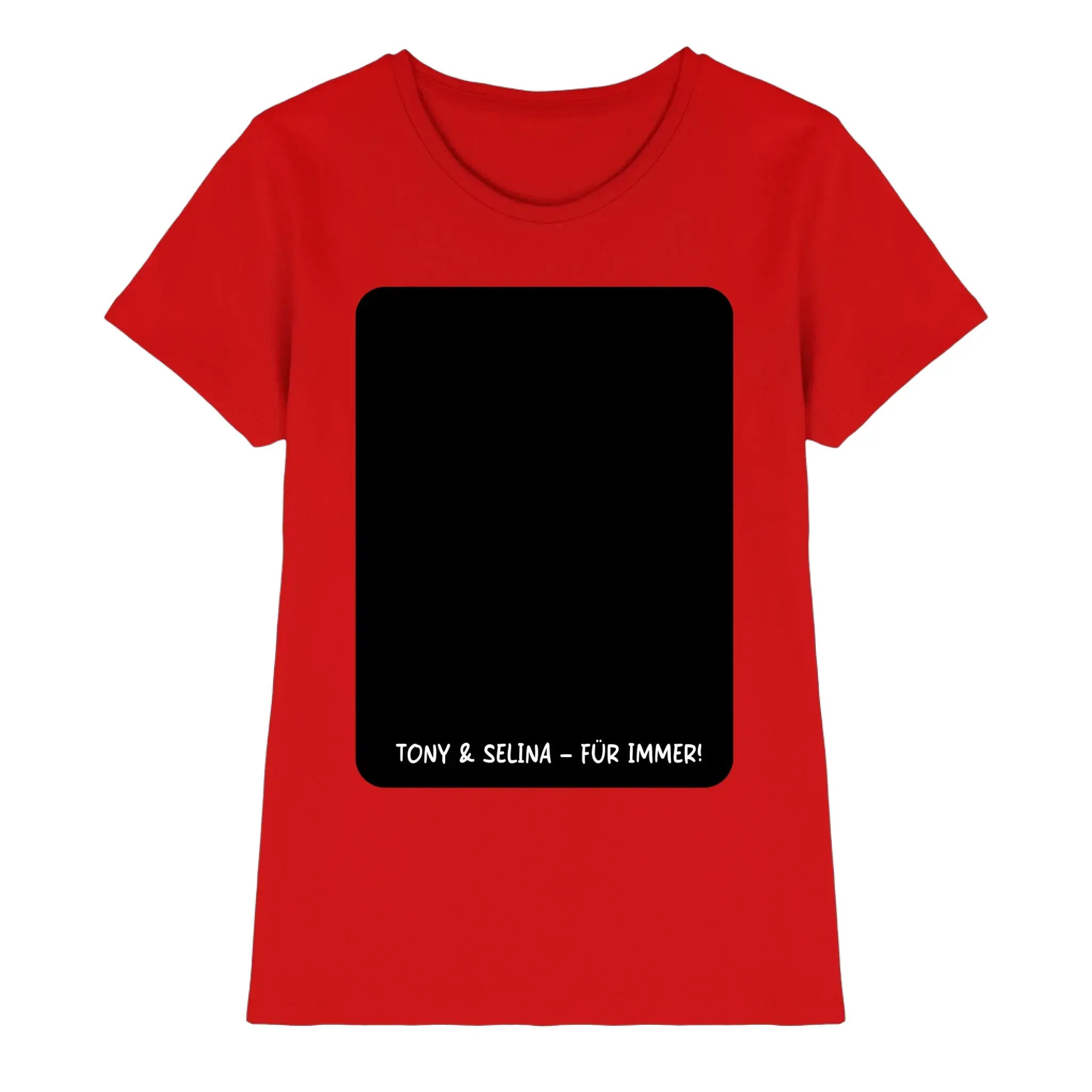 Rotes damen t-shirt mit kurzem arm und schwarzem rechteckigem patch mit tony & selina für immer text