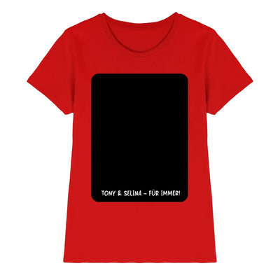Rotes damen t-shirt mit kurzem arm und schwarzem rechteckigem patch mit tony & selina für immer text