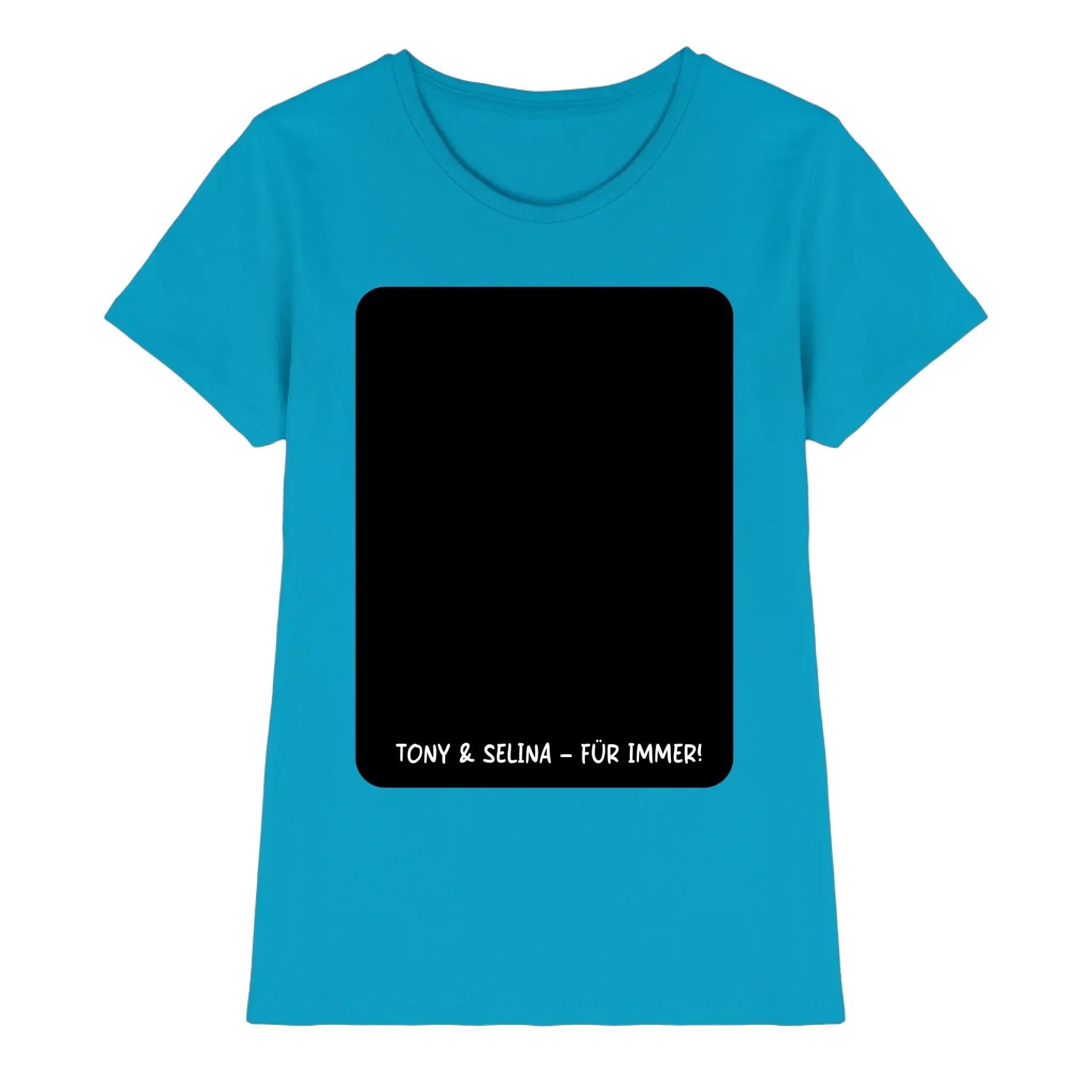 Ein türkisfarbenes damen-t-shirt mit kurzen ärmeln und schwarz-weißem tony & selina für immer print im ki-cartoon-effekt