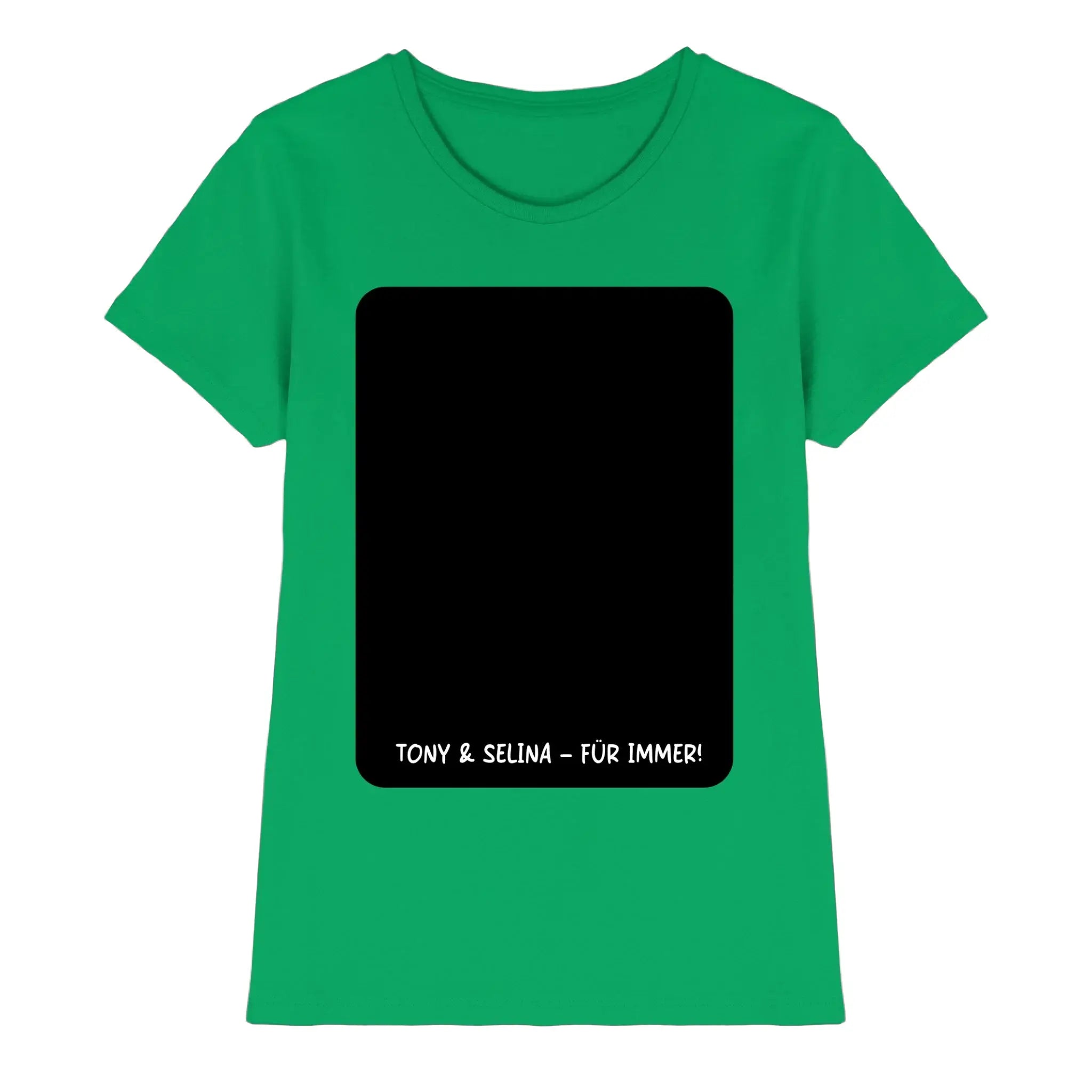 Ein grünes kurzarm damen tshirt mit schwarzem rechteck und weißem text tony und selina für immer aus der statement collection