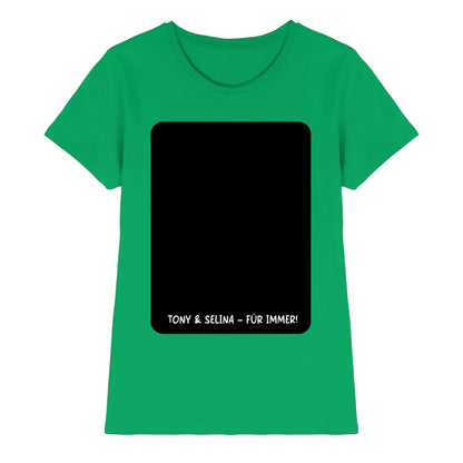 Ein grünes kurzarm damen tshirt mit schwarzem rechteck und weißem text tony und selina für immer aus der statement collection
