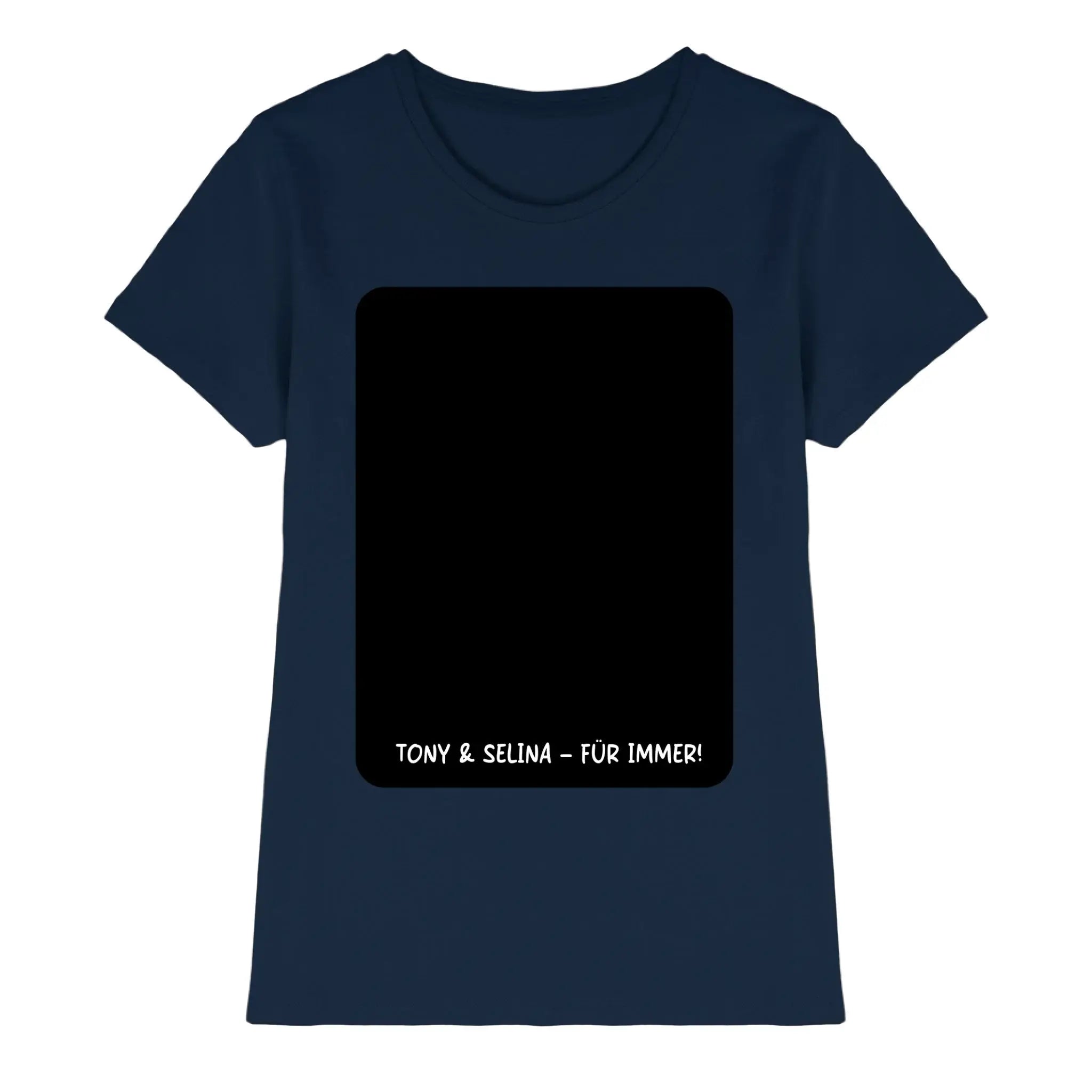 Marine blaues damen t shirt mit schwarzem rechteckigem grafikfeld und weißem text tony & selina für immer
