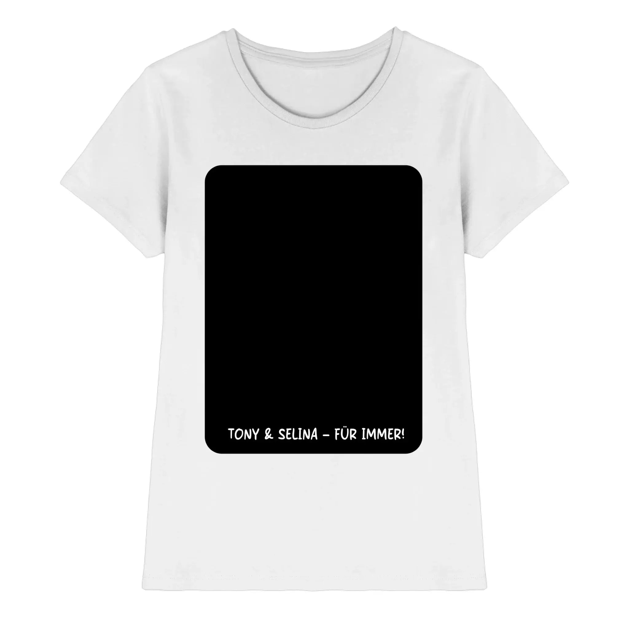 Weißes baumwoll t-shirt mit schwarzem rechteckigem grafikdruck und text tony & selina für immer unten