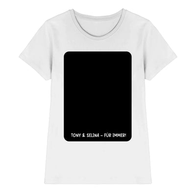 Weißes baumwoll t-shirt mit schwarzem rechteckigem grafikdruck und text tony & selina für immer unten