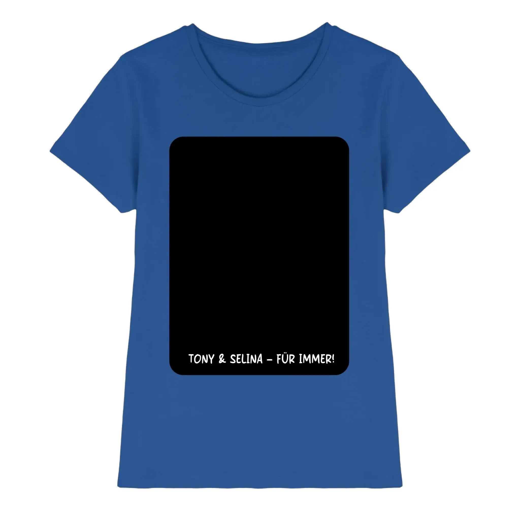 Blaues damen t shirt mit kurzen ärmeln und schwarzem rechteckigem grafikprint mit text tony & selina für immer