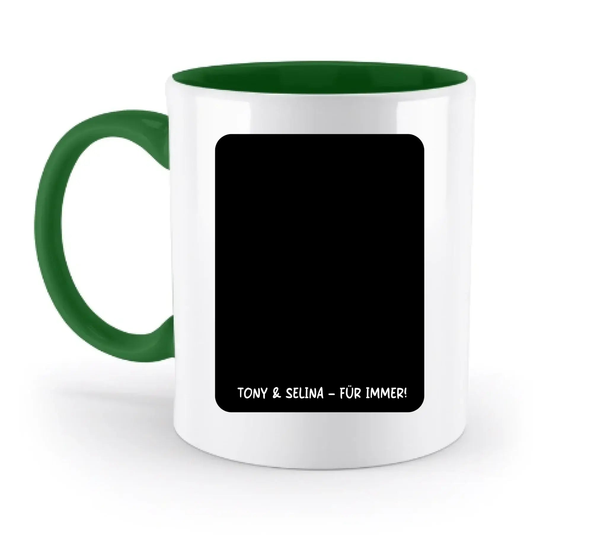 Weiße keramiktasse mit grünem griff und innenseite und schwarzem rechteck für individuelle textgestaltung aus der statement collection