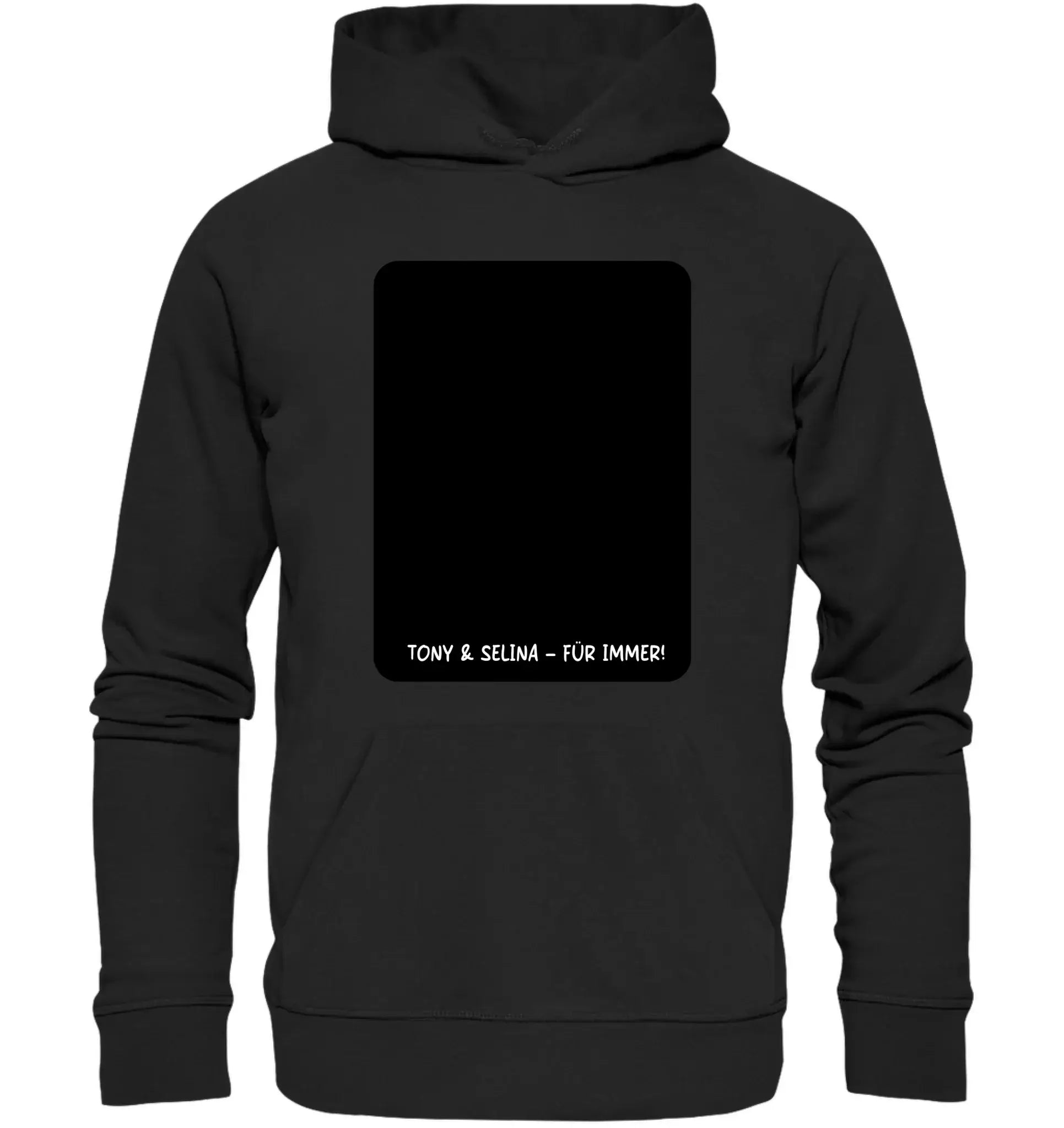 Schwarzer hoodie mit rechteckigem panel und weißem text ton y und selina für immer auf der rückseite