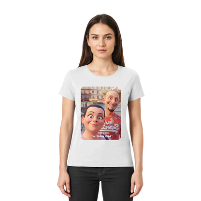 Weißer baumwoll-t-shirt mit gedrucktem grafikmotiv der charaktere aus dem film sibling bond aus der statement-collection