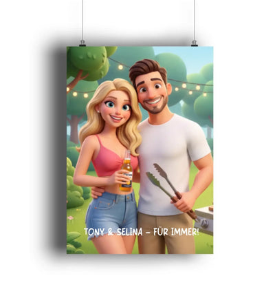 Ein bunter cartoon poster mit lächelndem sommerpaar, corona bier und grillzange, großer viereckiger rahmen