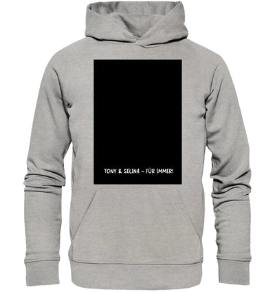 Heathergraue kapuzenjacke mit schwarzem rechteckigem grafikprint und weißem text aus der statement collection