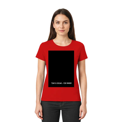 Rotes damen kurzarmshirt mit schwarzem rechteckigem ki cartoon effekt und weißem text tony & selina für immer