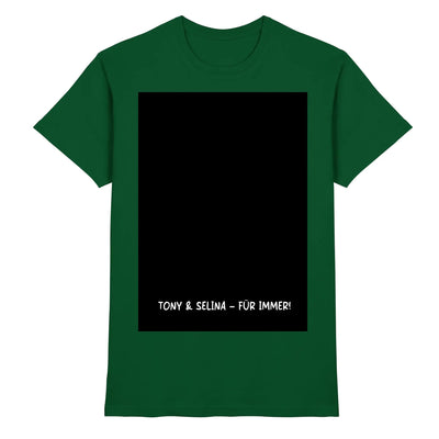 Dunkelgrünes baumwoll t-shirt mit schwarzem rechteckigem panel und weißem ton y & selina für immer text