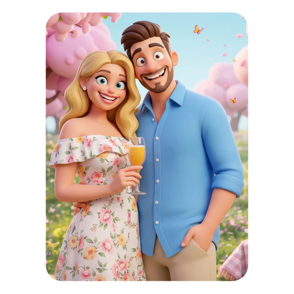 Eine Frau in einem floralen, schulterfreien Kleid mit pinken und gelben Blüten auf hellem Hintergrund, dazu mit Perlenohrringen.