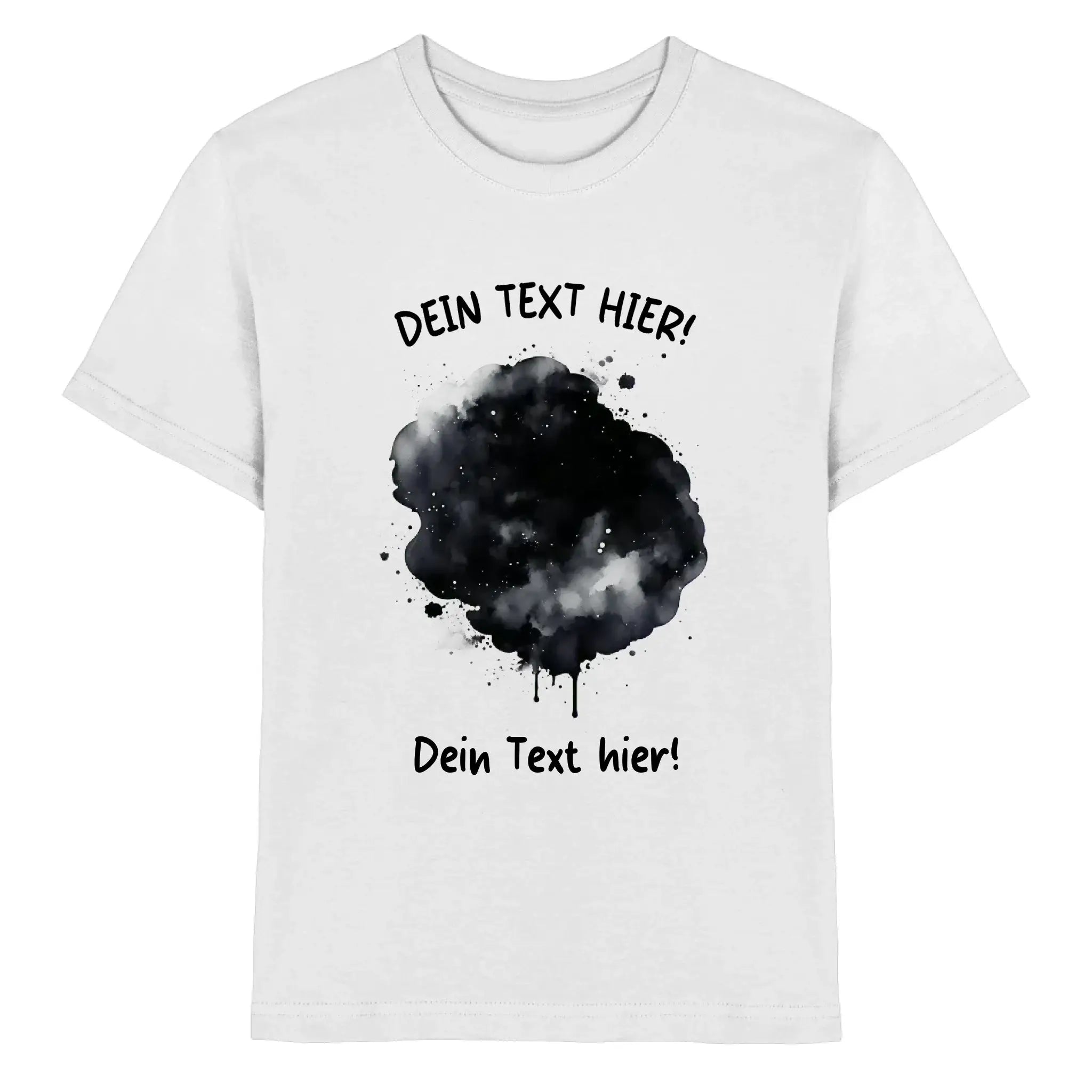 Weiße baumwoll t shirt mit schwarzem aquarell spritzer design und textplatzhaltern aus der statement collection