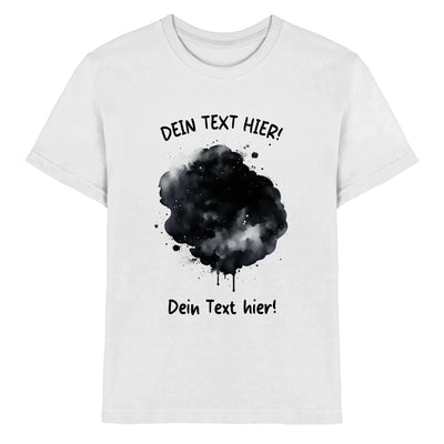 Weiße baumwoll t shirt mit schwarzem aquarell spritzer design und textplatzhaltern aus der statement collection
