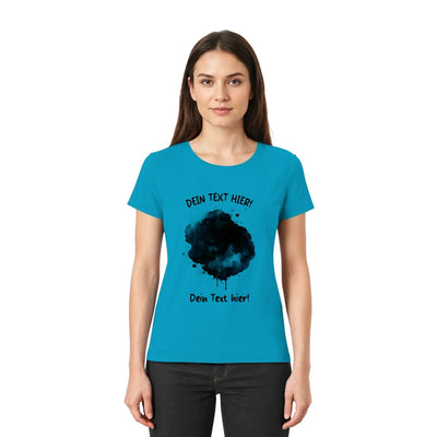 Leuchtendes türkisfarbenes damen kurzarmshirt mit schwarzem aquarellsprenkel und deutschem platzhaltertext