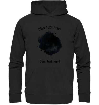 Schwarzer hoodie mit aquarell-inselfleck-grafik und wunschtext auf der rückseite aus der statement-collection