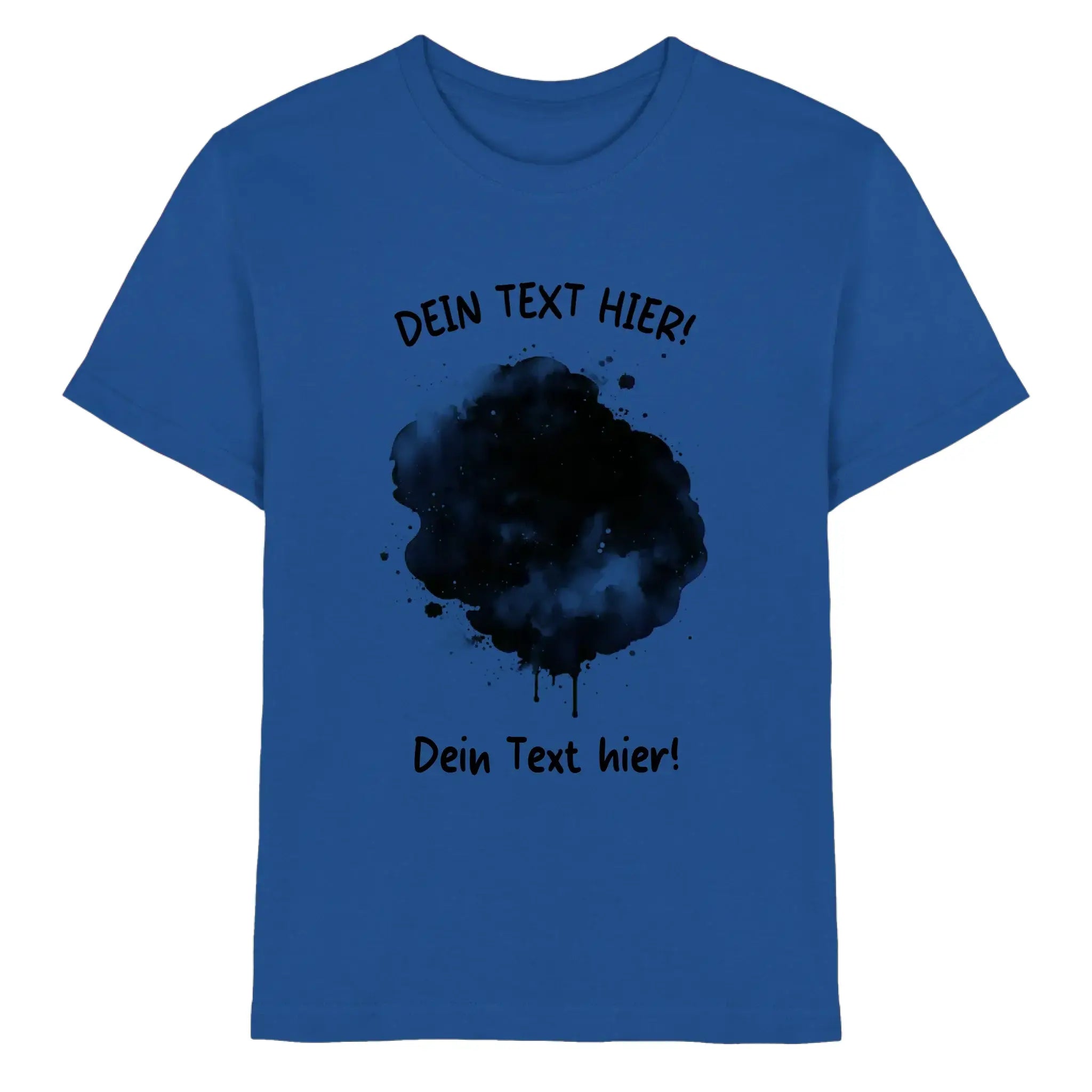 Blaues baumwoll t shirt mit schwarzem aquarell spritzer design und deutschem platzhaltertext aus der statement collection