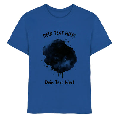 Blaues baumwoll t shirt mit schwarzem aquarell spritzer design und deutschem platzhaltertext aus der statement collection
