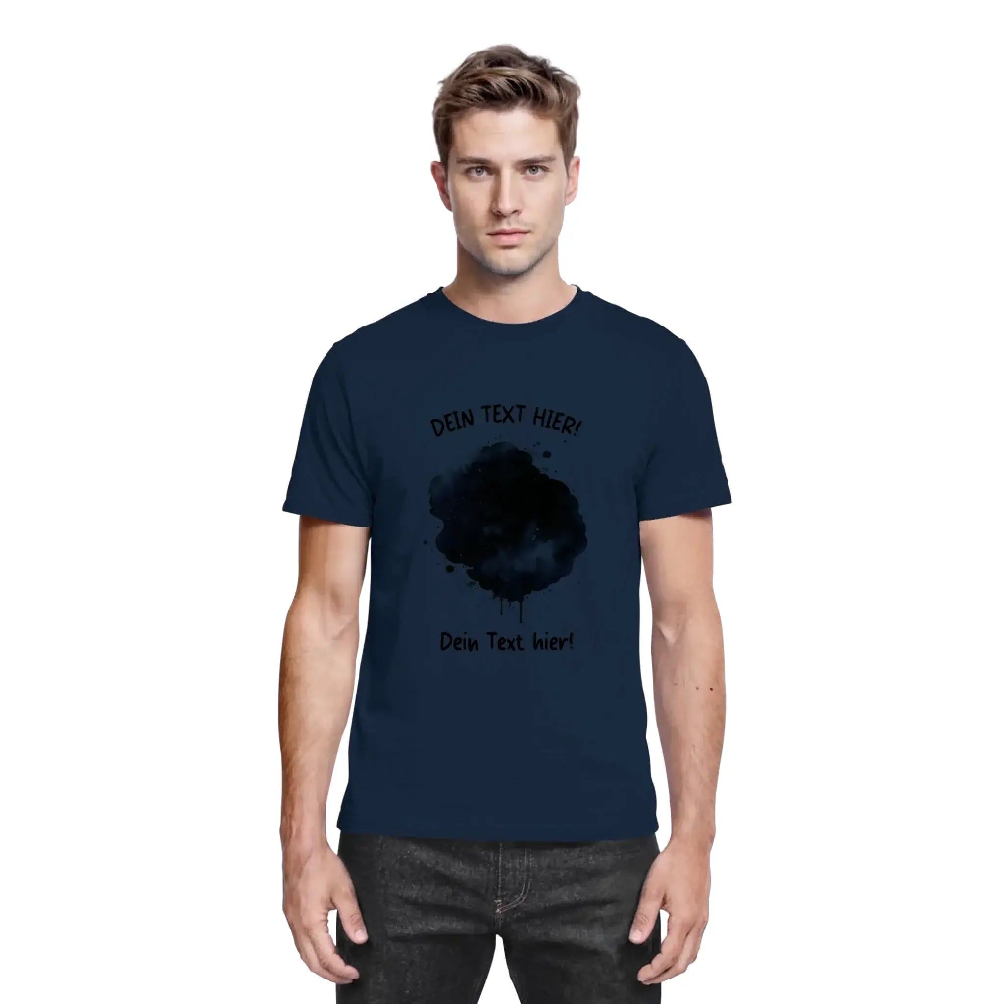 Marine blaue baumwoll t shirt mit schwarzem tintenfleck grafik und platzhaltertext auf deutsch