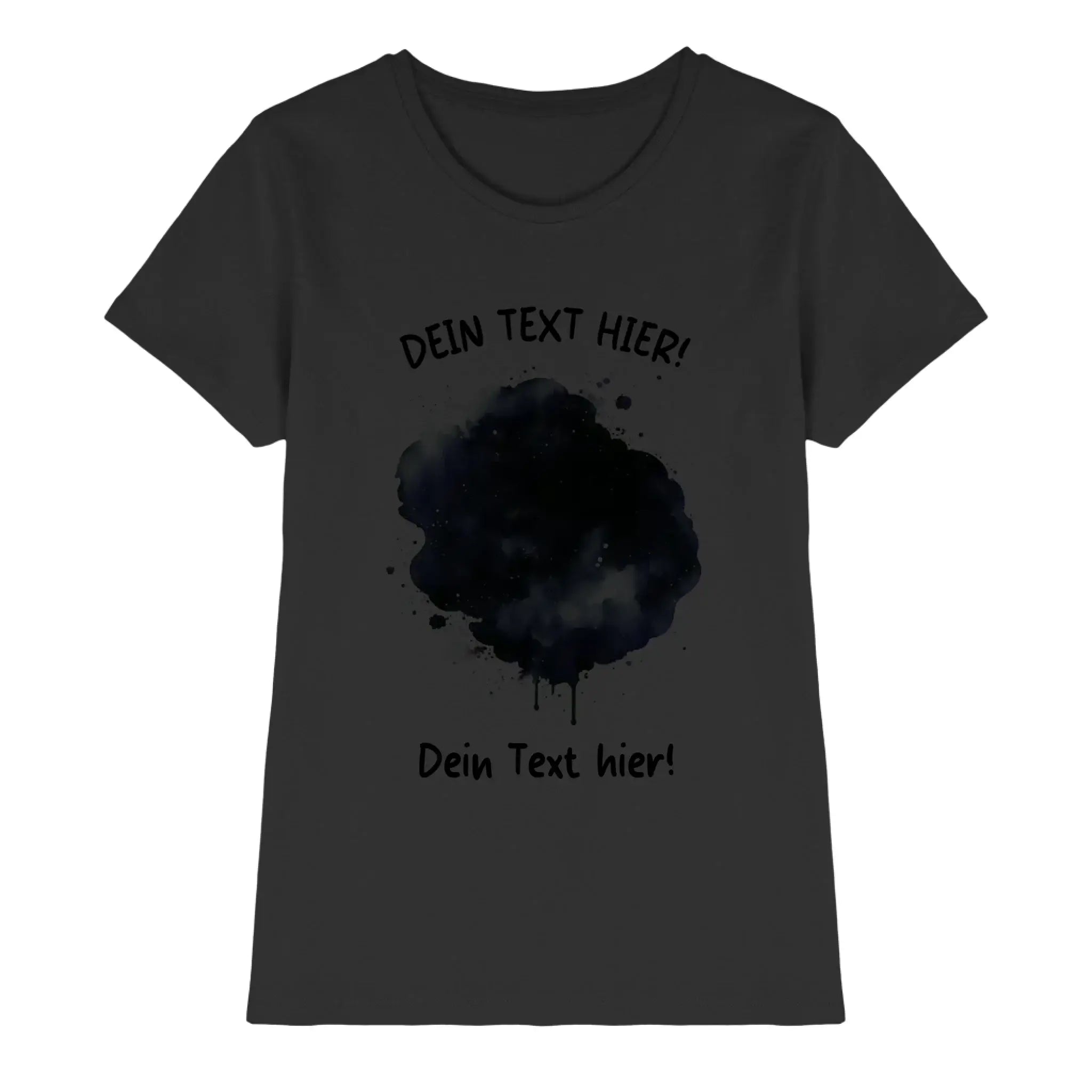 Dunkelgraues damen t shirt mit schwarzem aquarell tinten spritzer design und platzhaltertext in deutscher sprache