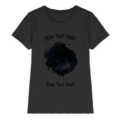 Dunkelgraues damen t shirt mit schwarzem aquarell tinten spritzer design und platzhaltertext in deutscher sprache