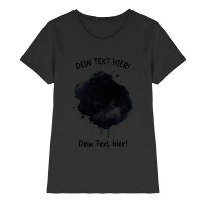 Dunkelgraues damen t shirt mit schwarzem aquarell tinten spritzer design und platzhaltertext in deutscher sprache