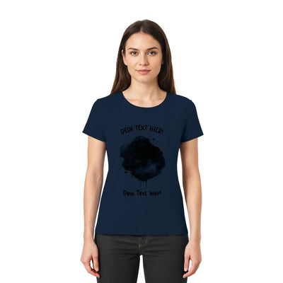 Marine blaue baumwoll t shirt mit dunklem tintenfleck grafik und wunschtext aus der statement collection
