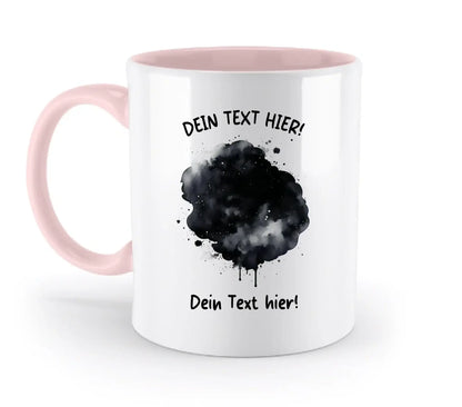 Weiße keramiktasse mit pinkem griff und innenraum, schwarzer aquarell-spritzer kunst und deutschem platzhaltertext