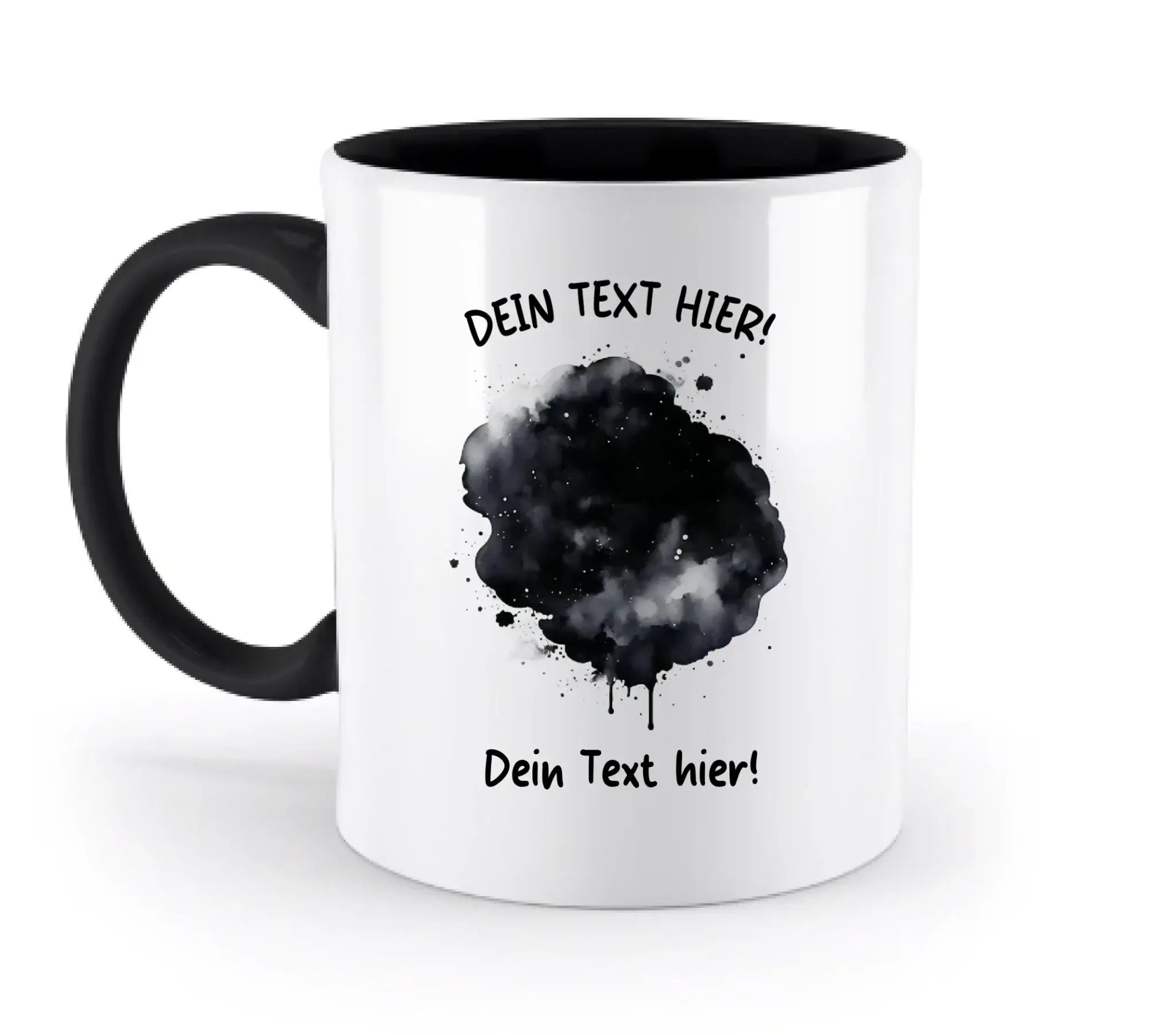 Weiße keramiktasse mit schwarzem innenraum und henkel mit ki-cartoon-effekt splash tintenspritzer design
