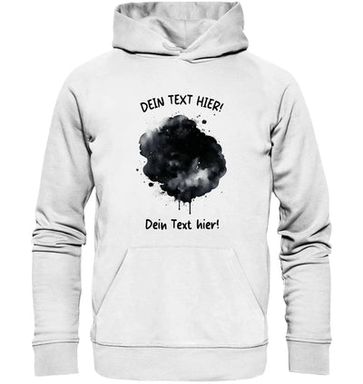 Weißer hooded sweatshirt mit schwarzem aquarell spritzdesign und individuell anpassbarem text aus der statement-collection