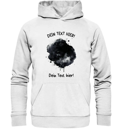 Weißer hooded sweatshirt mit schwarzem aquarell spritzdesign und individuell anpassbarem text aus der statement-collection