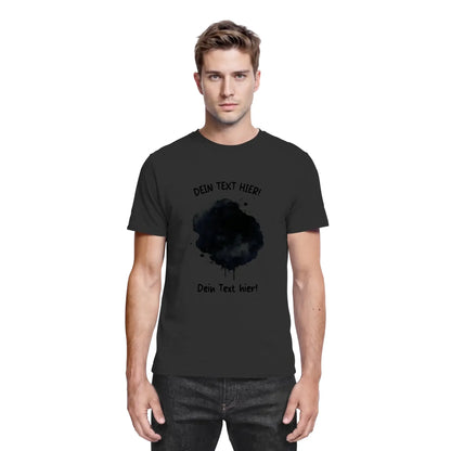 Schwarzes kurzarmshirt mit dunklem tintenfleck-design und wunschtextprint aus der statement-collection
