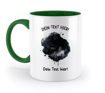 Weiße keramik Tasse mit grünem Griff und innenbereich mit schwarzem Splash Design und deutschem Platzhalterttext
