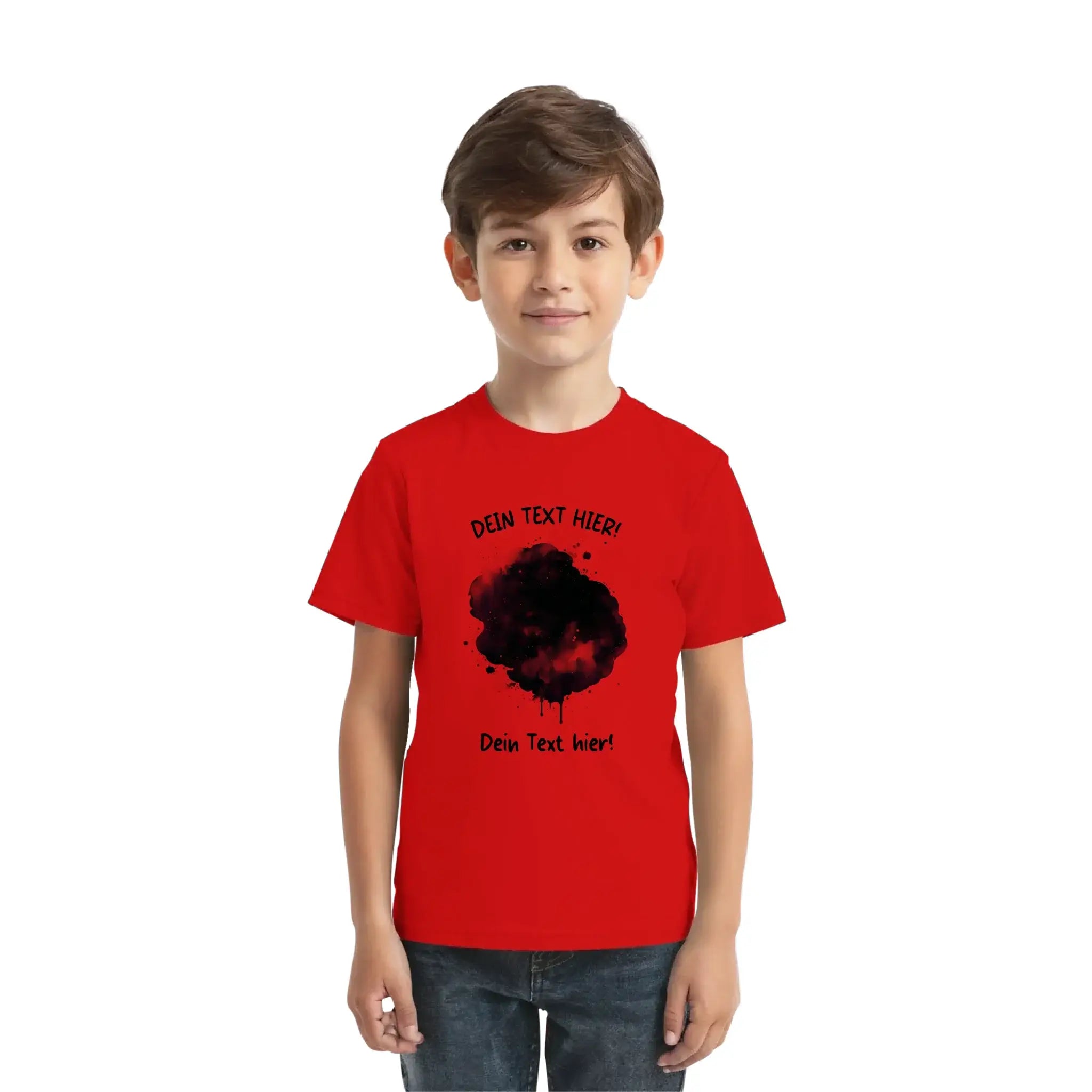 Rotes kinder t shirt mit schwarzem tinten spritz grafik aus der statement collection zum selbst gestalten