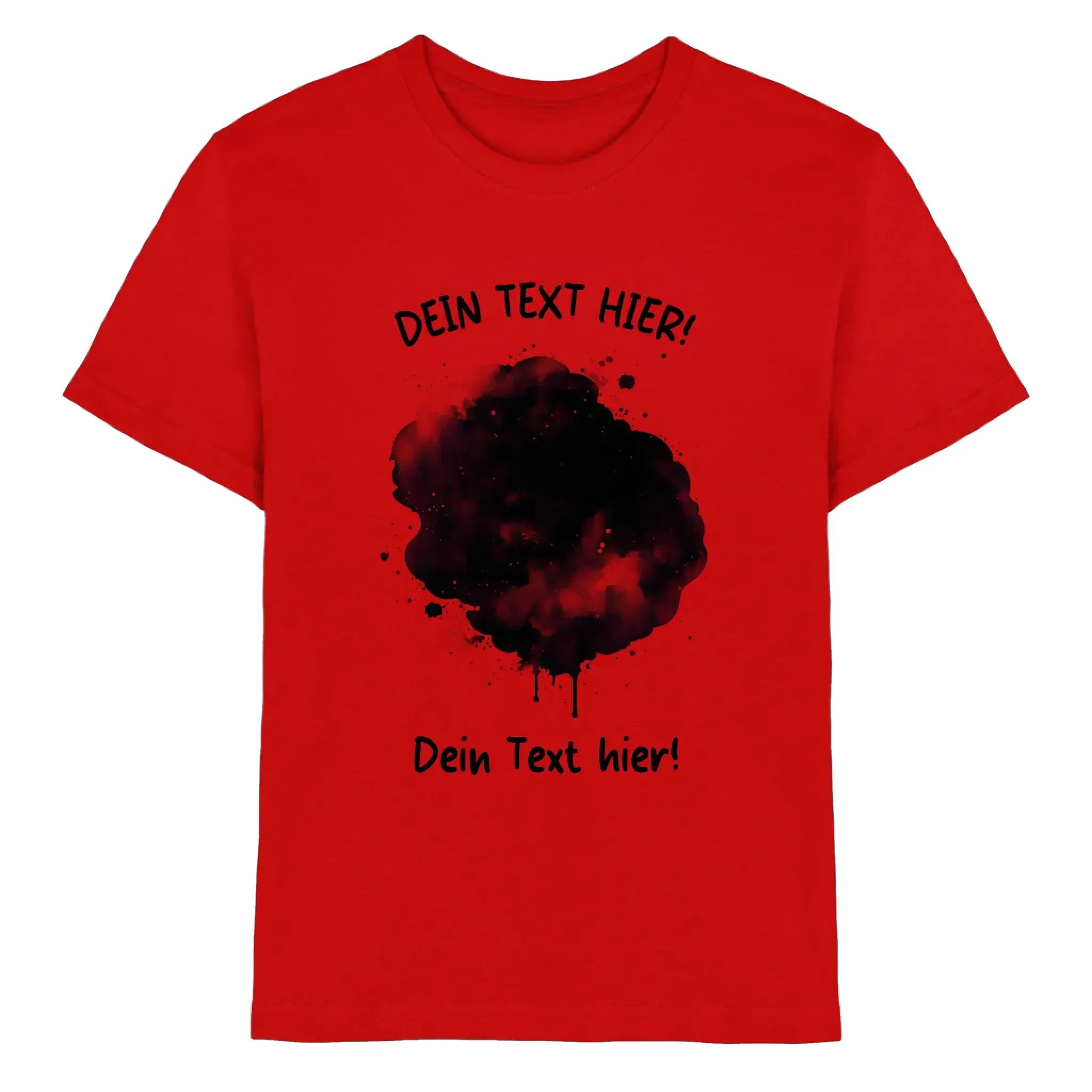 Rotes baumwoll t shirt mit schwarzem tintenspritz grafik und deutschem platzhaltertext aus der ki cartoon effekt splash kollektion