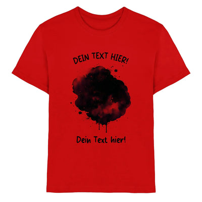 Rotes baumwoll t shirt mit schwarzem tintenspritz grafik und deutschem platzhaltertext aus der ki cartoon effekt splash kollektion