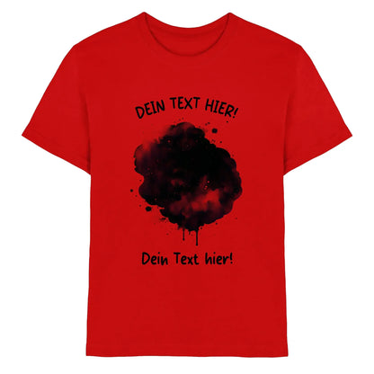 Rotes baumwoll t shirt mit schwarzem tintenspritz grafik und deutschem platzhaltertext aus der ki cartoon effekt splash kollektion