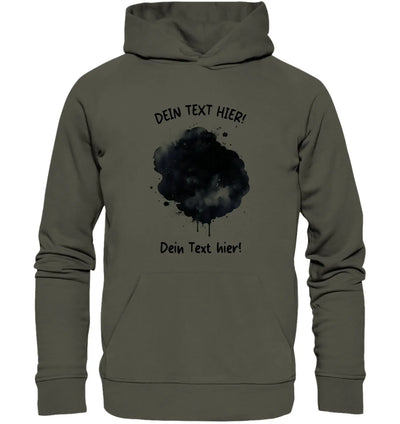 Olivegrüner hoodies mit schwarzem aquarellspritzermotiv und individuellem wunschtext bedruckt