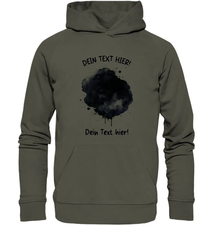 Olivegrüner hoodies mit schwarzem aquarellspritzermotiv und individuellem wunschtext bedruckt