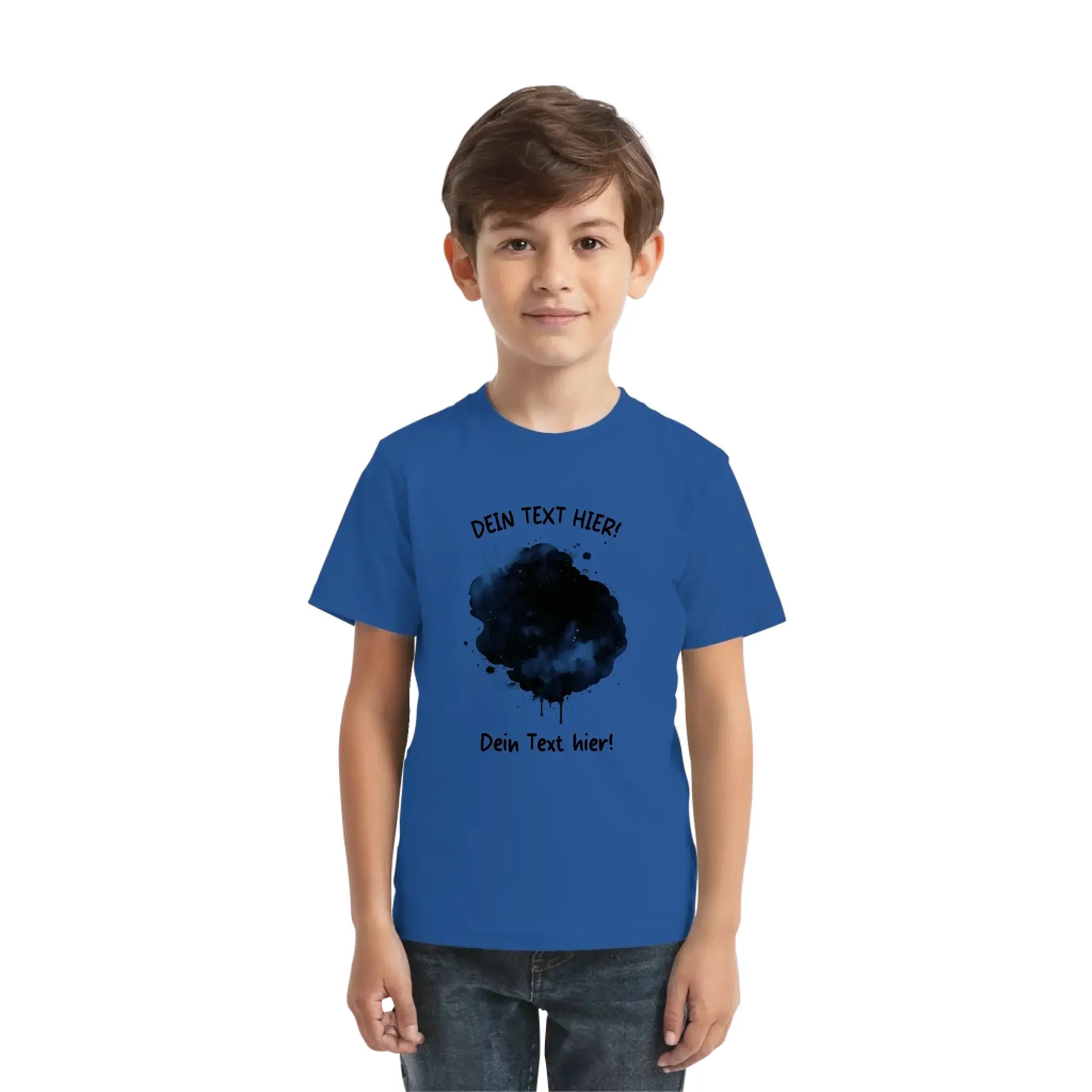 Blaues kinder t shirt mit schwarzem tinten spritzer motiv aus der statement collection mit wunschtext