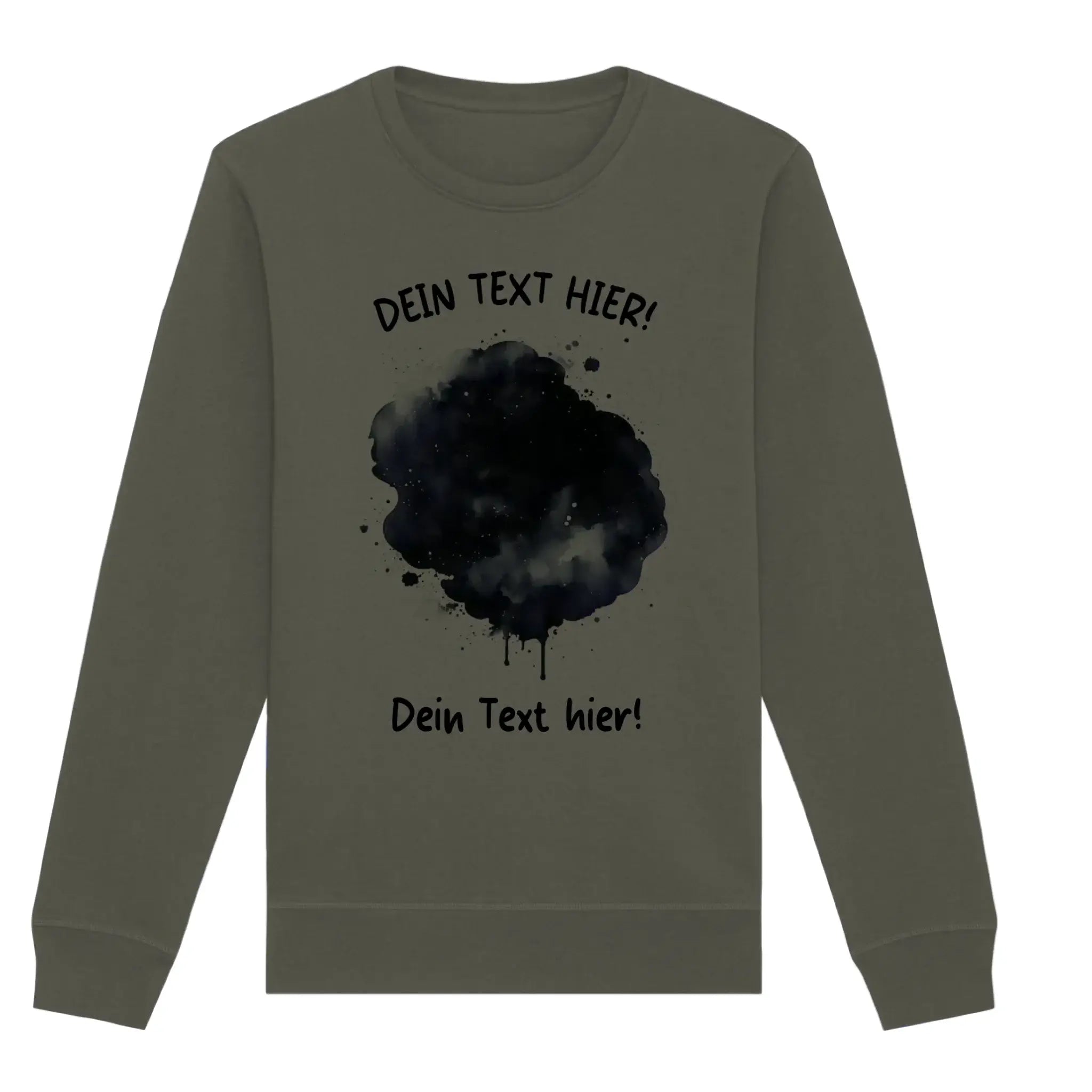 Olivegrüner langarm sweatshirt mit schwarzem aquarell spritzer und platzhalter text aus der statement collection