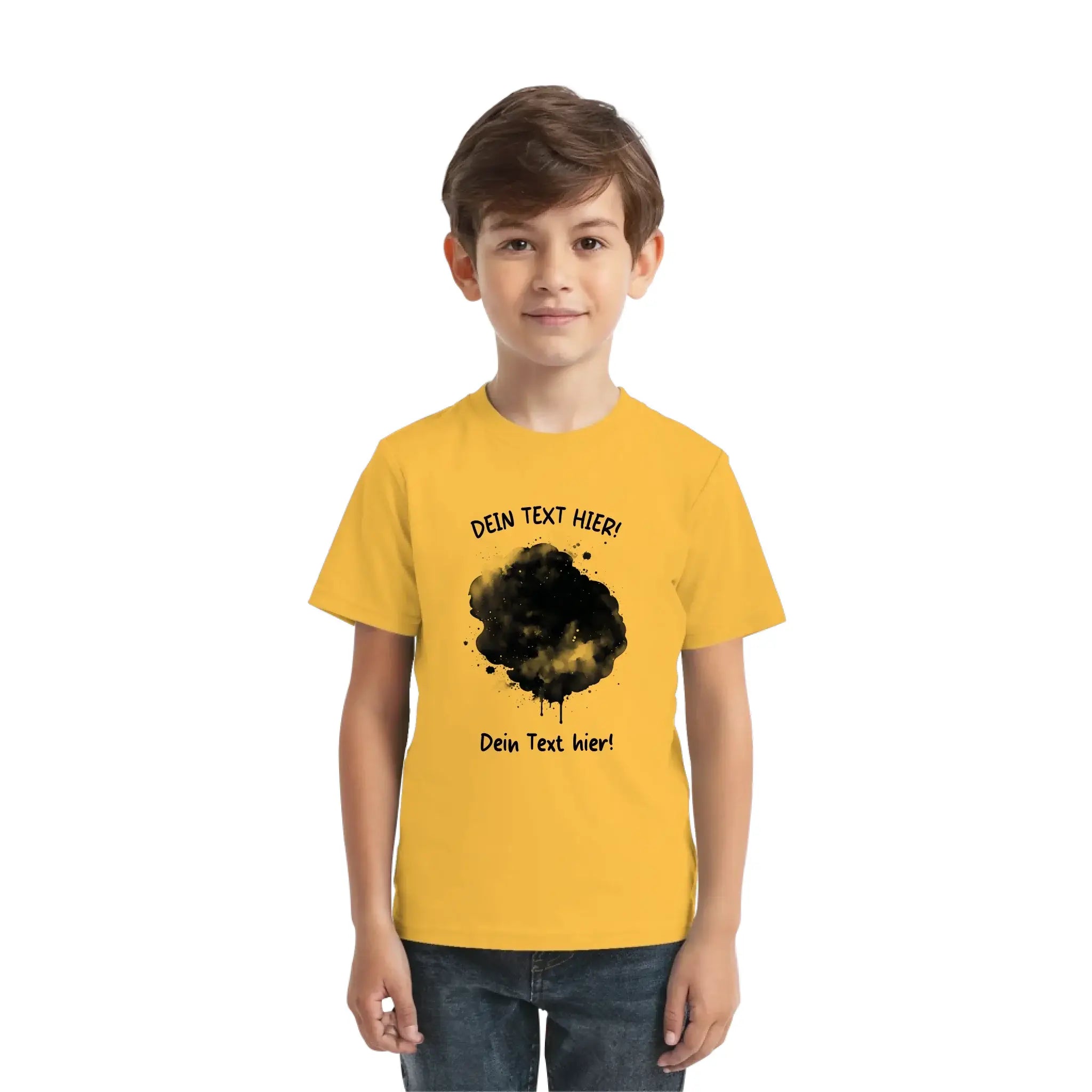 Gelbes kurzarmshirt mit schwarz goldenen splatter grafik und individuellem wunschtext aus der statement-collection