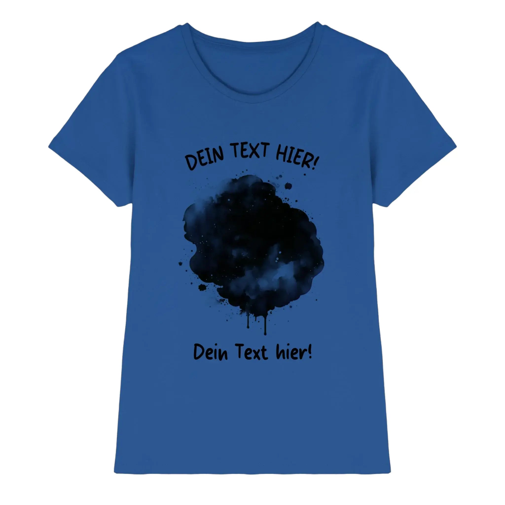 Blaues damen t shirt mit schwarzem aquarell tinten spritzer und individuellem wunschtext design