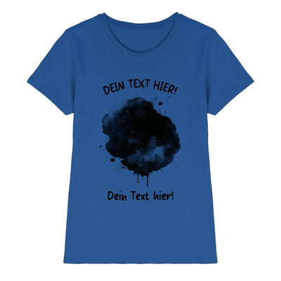 Blaues damen t shirt mit schwarzem aquarell tinten spritzer und individuellem wunschtext design